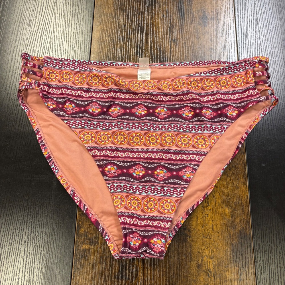 Lysa Swim Women 2X Bikini Bottoms Boho Strappy High Waist Burgundy Orange‎ Print